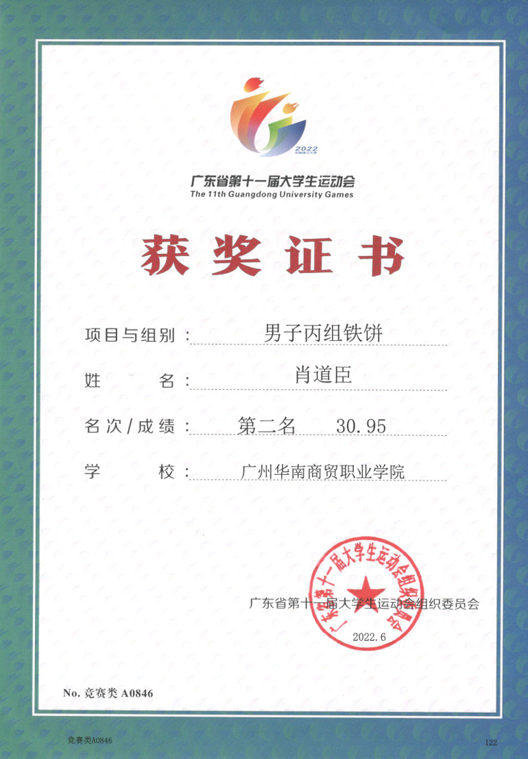 大学生运动会男子丙组铁饼—第二名